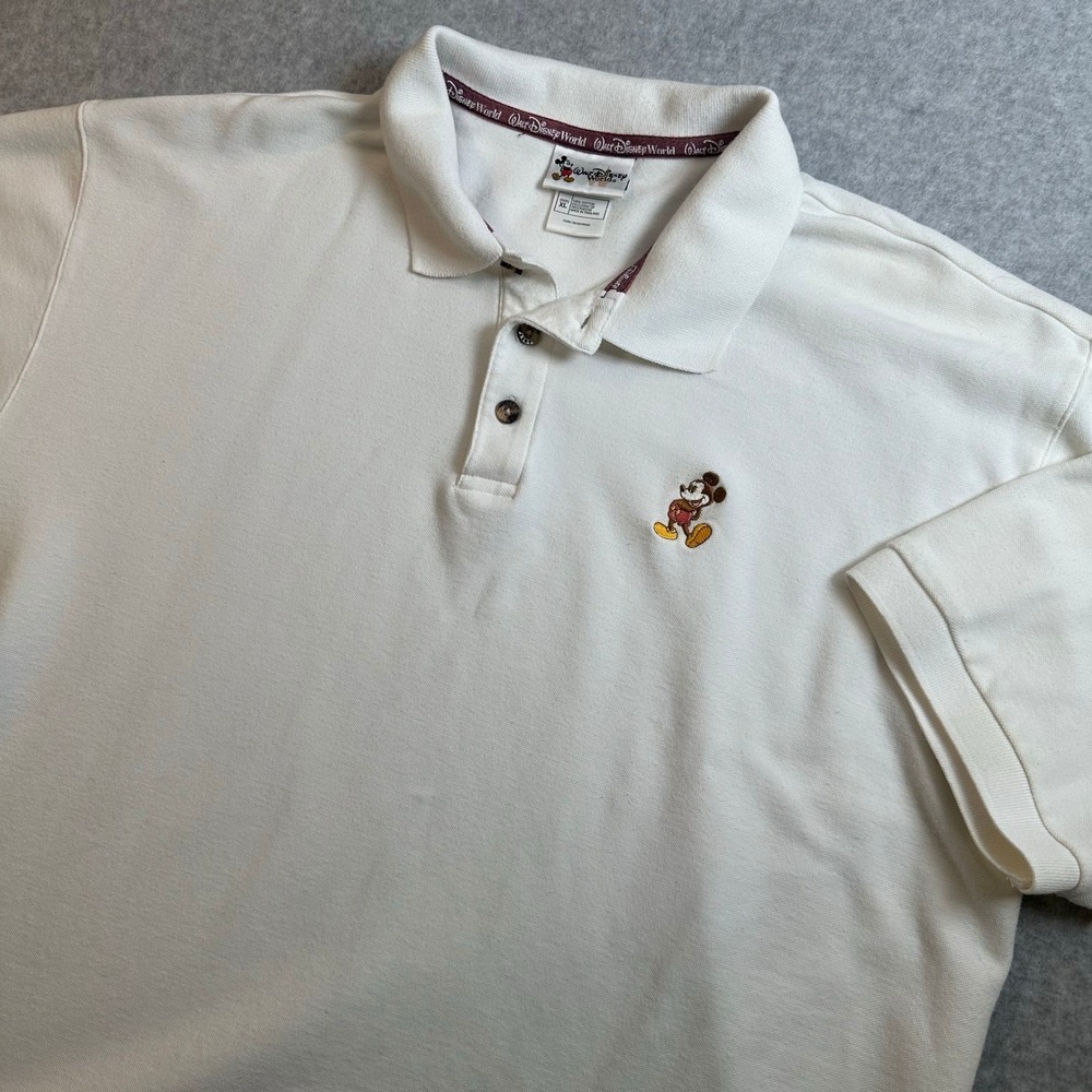 Walt Disney World Mens XL White Cotton Pique Polo Shirt Mickey Mouse Embroidered